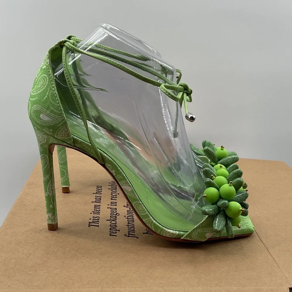 Schutz Green Paisley Beaded Ankle Wrap Stiletto Square Toe Sandals Women 6B